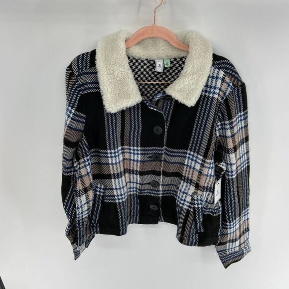 Susina Faux Shearling Collar Black White Plaid Cropped Jacket Womens L NWT - Picture 3 of 7